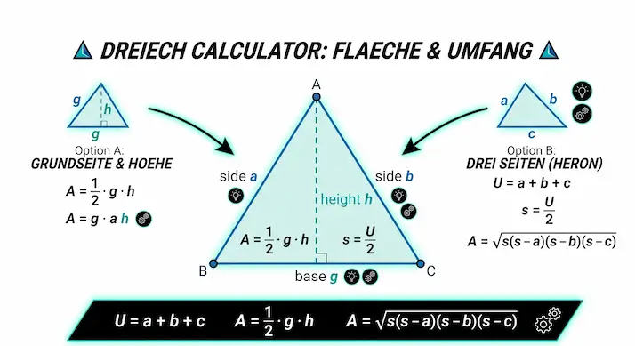 Dreieck Berechnungen Diagramm mit Grundseite, Höhe und Seitenlängen