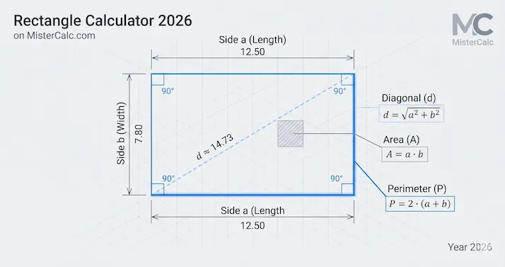Geometric diagram showing length, width, area, and diagonal of a rectangle